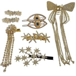 Lot of 8, NEW Gold hair clips, claws and slides with rhinestones and tassels.